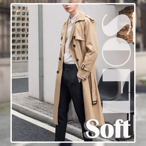 Men's Plush khaki Trench Coat Oversized Casual Windbreaker Lapel Long Overcoat - Picture 4 of 7